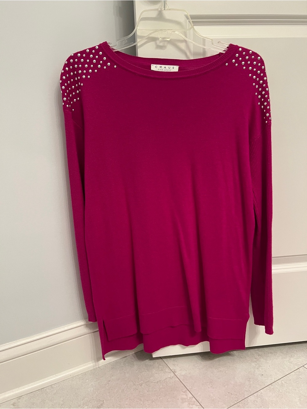 Chaus Magenta Long-Sleeve Stud Shoulder Sweater